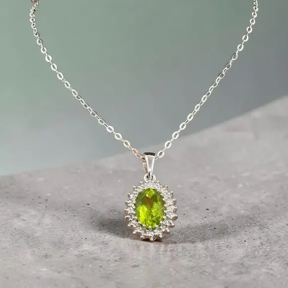 Natural Green Peridot Diamond Pendant Necklace 925 Sterling Silver 18in Chain - Picture 1 of 5